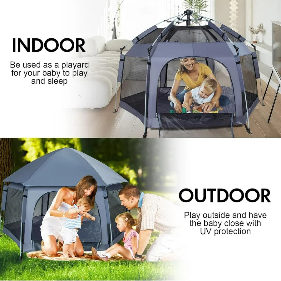Portable Lightwght Pop Up Playpen for Indoor and Outdoor Use with Canopy and Travel Bag - Grey