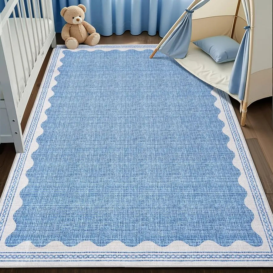 Scalloped 5 X 7 Area Rugs Washable NonSlip Solid Blue Modern Minimalism LowPile Carpet for Bedroom
