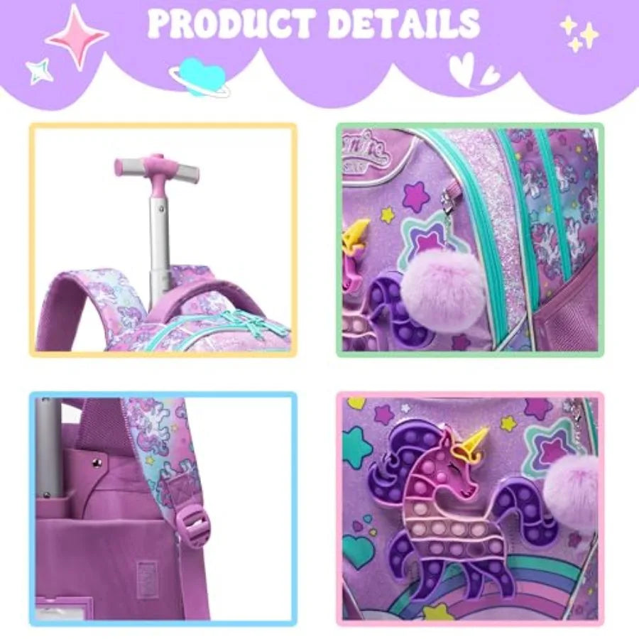 Unicorn Rolling Backpack with Wheels for Elementary Student Wheels Trolley Trip Luggage with Lunch Bag Pencil Case
