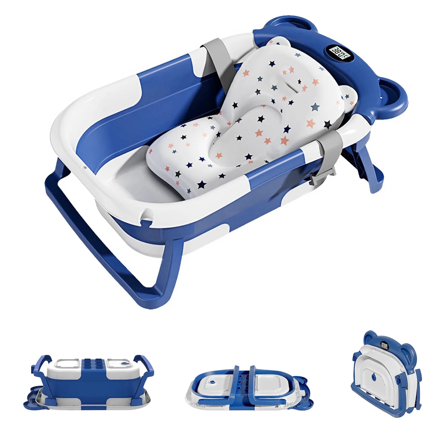 Portable Travel Bathtub, Collapsible Baby Bathtub, with Thermometer & 1 Soft Floating Cushion
