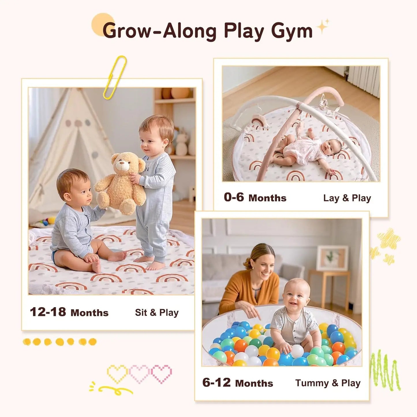 6-in-1 Large Baby Gym & Ball Pit, Play Mat with Milestone Cards for Sensory and Motor Skill Development