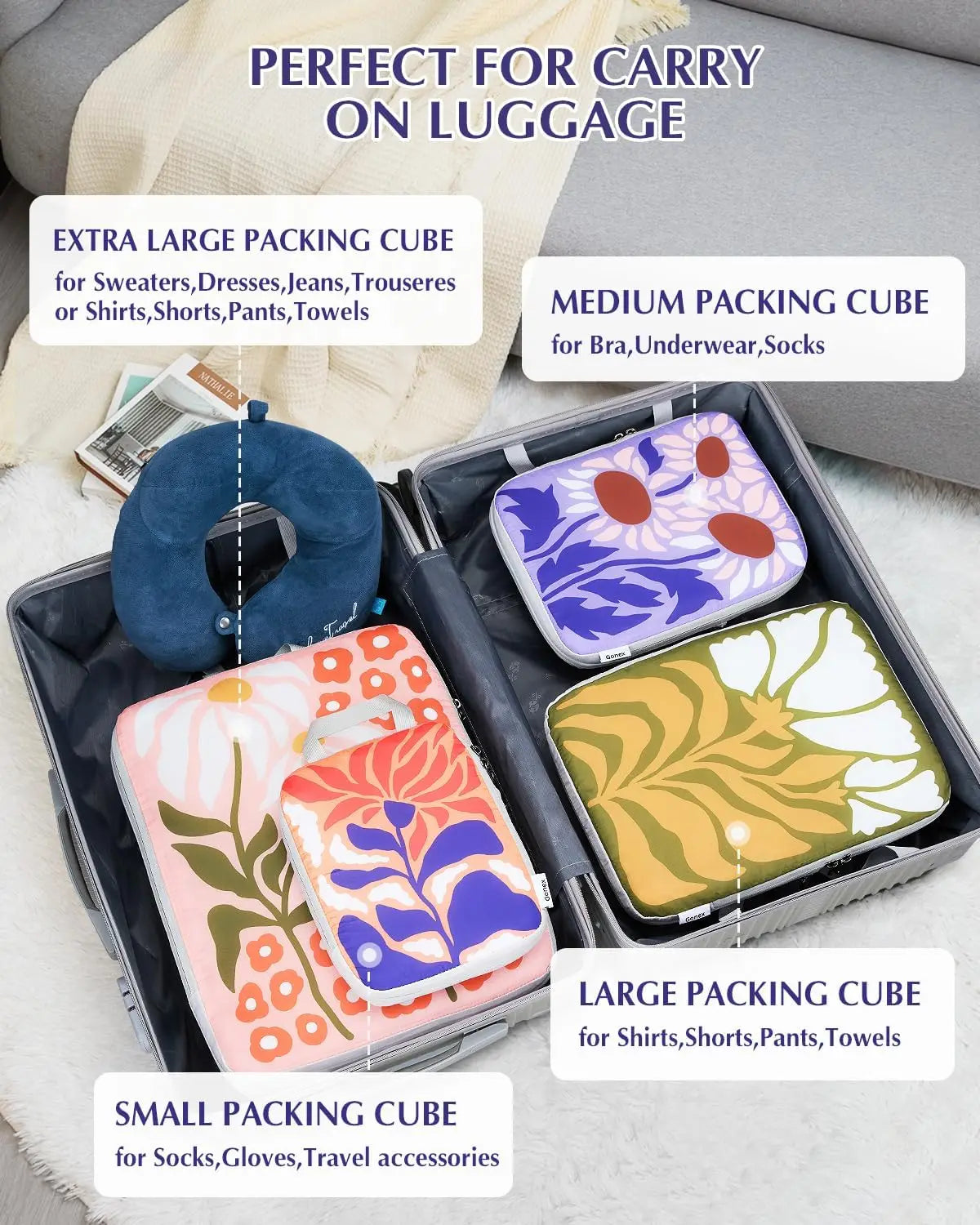 4pcs Expandable Compression Packing Cubes, Travel Luggage Organizers with Flowers Design for Suitcase Carry On