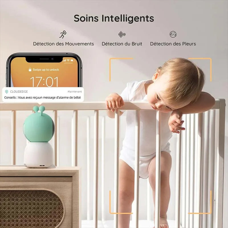 BOIFUN 2K 5" Baby Monitor Camera, 360° Rotation with Phone App, Colorful Night Lights, Motion Monitoring, Automatic Tracking
