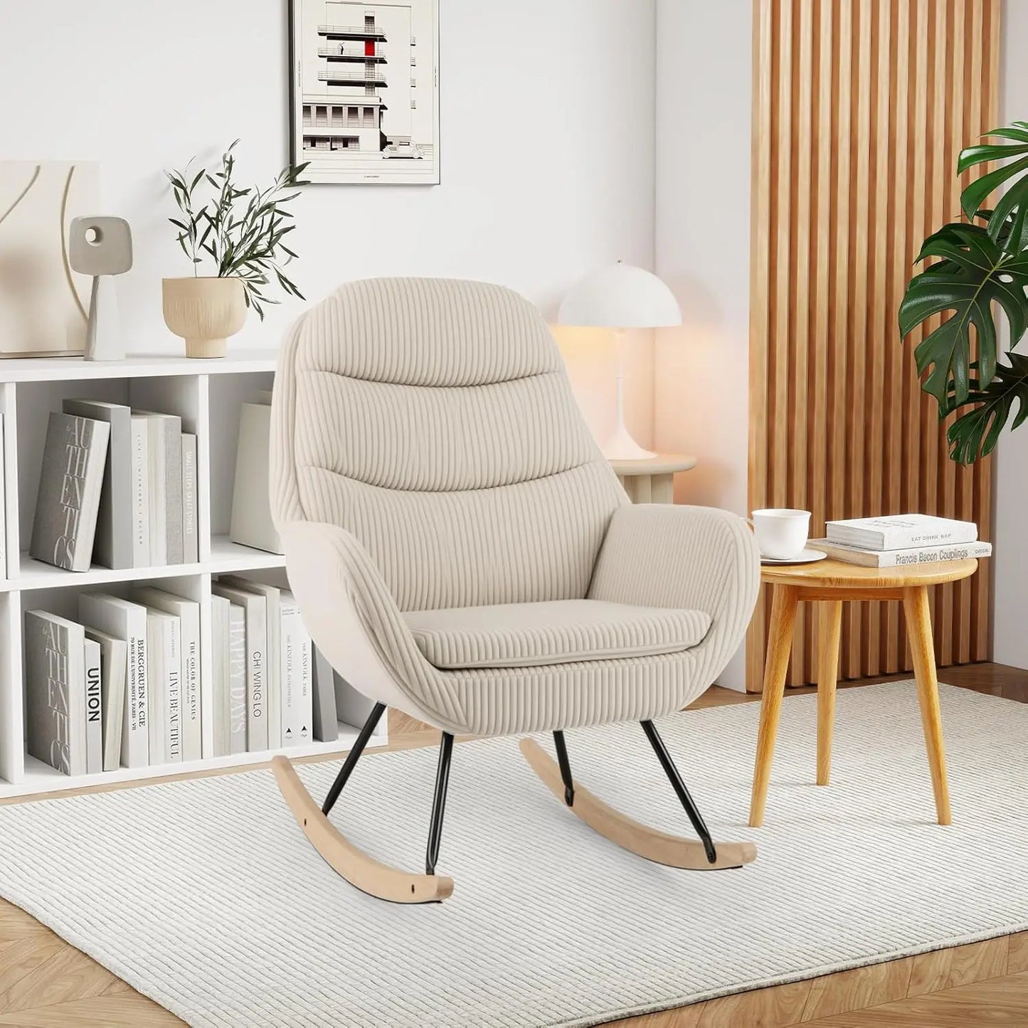 Rocking Chair Nursery, Upholstered Glider Rocker with Padded Backrest & Seat, Rubber Wood Feet