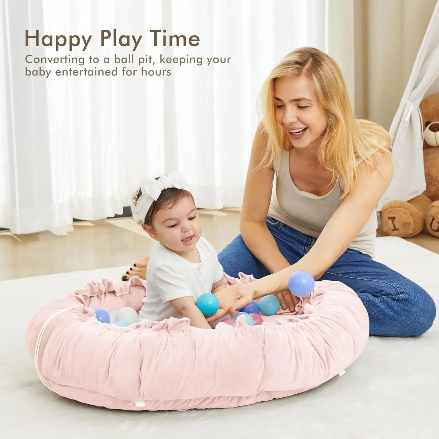 5-in-1 Baby Play Gym Mat with Reversible Tummy Time Pad and 5 Sensory Toys for Newborn to Toddler Development (Pink)
