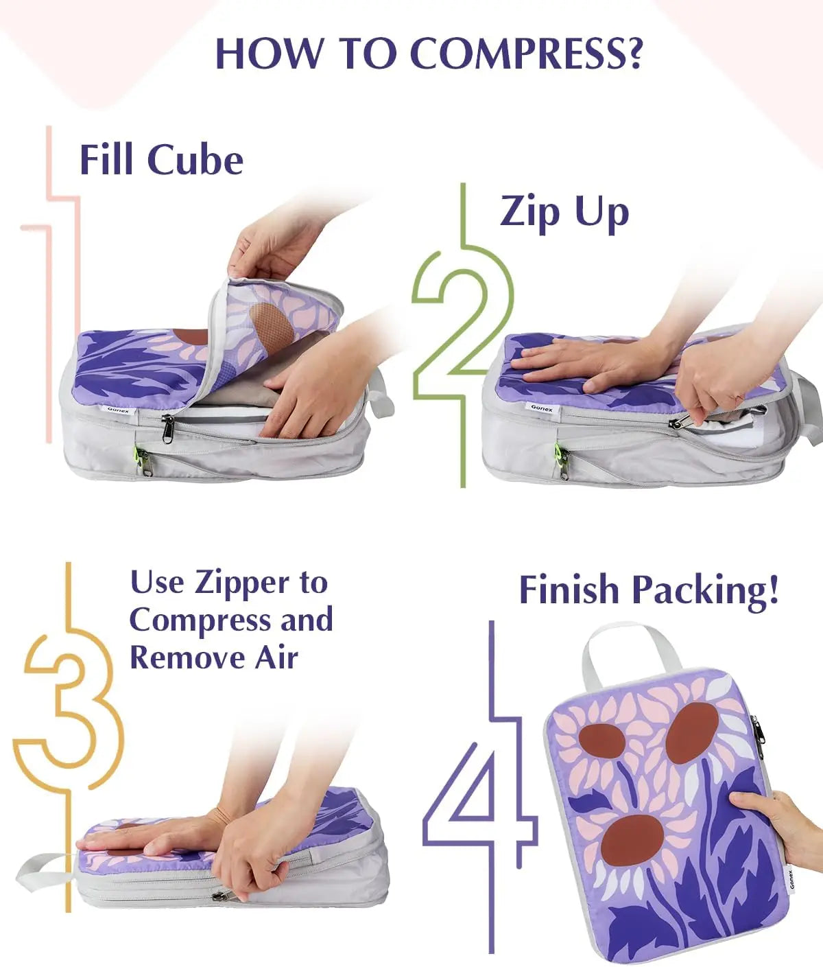 4pcs Expandable Compression Packing Cubes, Travel Luggage Organizers with Flowers Design for Suitcase Carry On