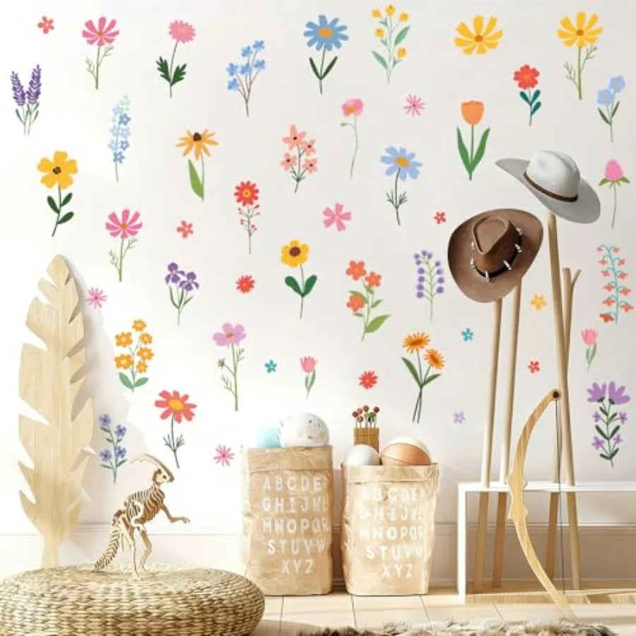 Spring Flower Wall Stickers 8 Sheets Wildflower Wall Decals Peel and Stick Floral Wall Decor for Girls Bedroom Nursery Spring