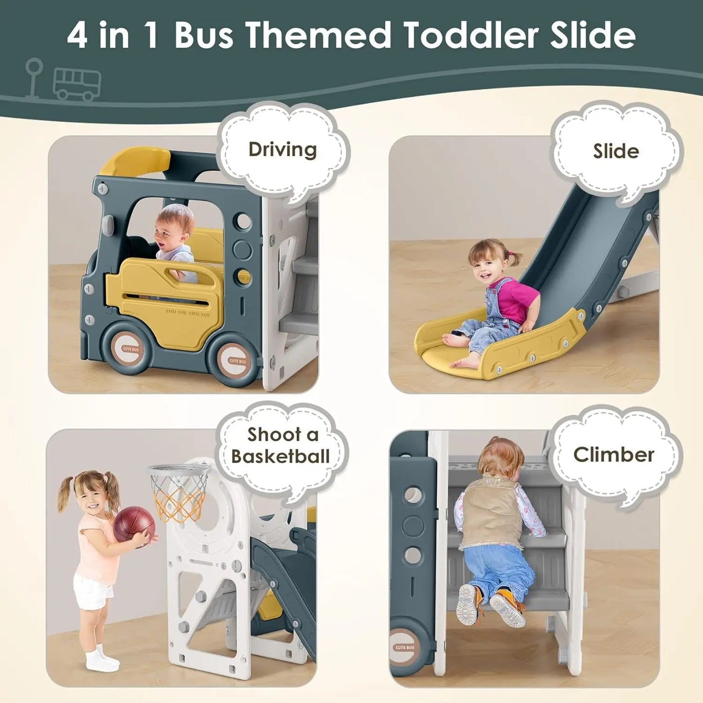 4 in 1 Toddler Slide, Bus Themed Baby Slide for Toddlers Age 1-3, with Basketball Hoop, Indoor Outdoor Playset Playground