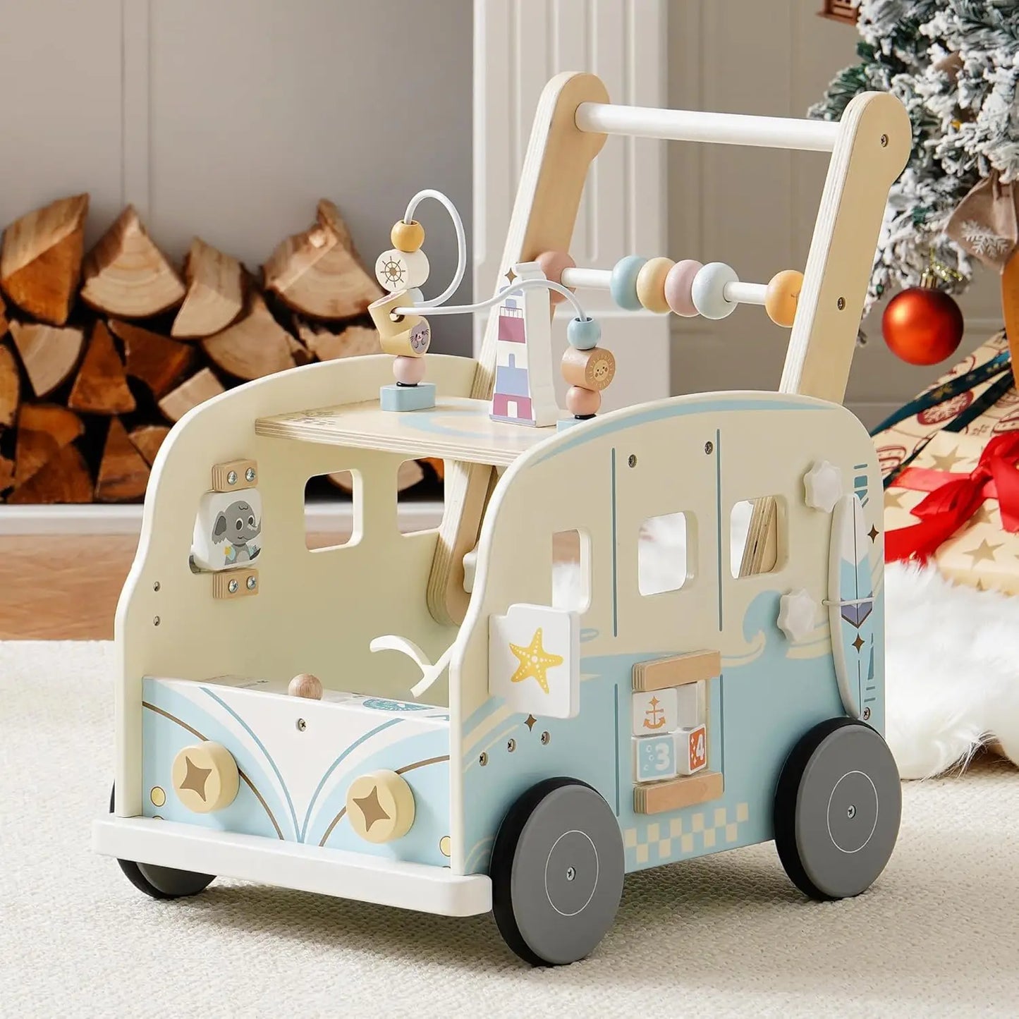 Robotime Robud Wooden Baby Walker Baby Push Along Activity Walkers with Wheels Multifunctional Baby Walker