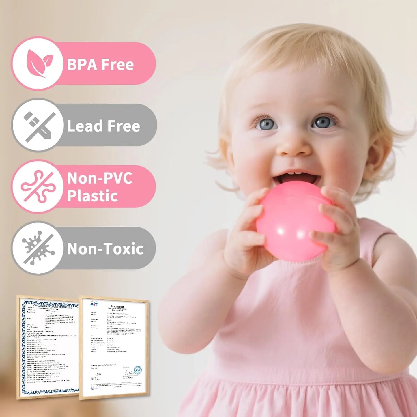 Ball Pit Balls for Toddlers: 50 Colorful Pink, White, and Grey Balls – BPA-Free, Phthalate-Free, Crush-Resistant Plastic, 2.2 In