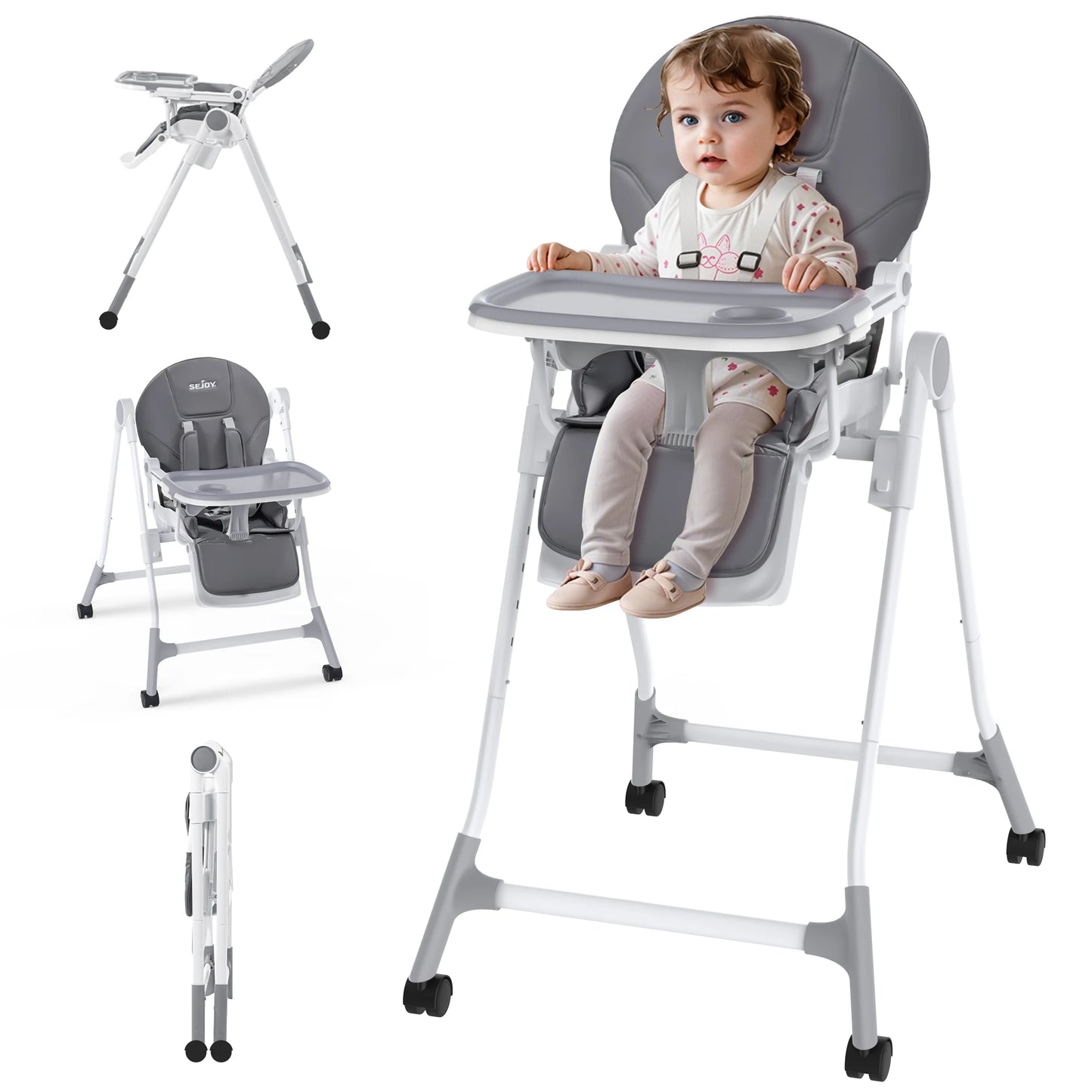 Sejoy Adjustable Baby High Chair with 5-Point Harness 3-Position Tray & Wheels CE/CPC Certified Children's Dining Chair
