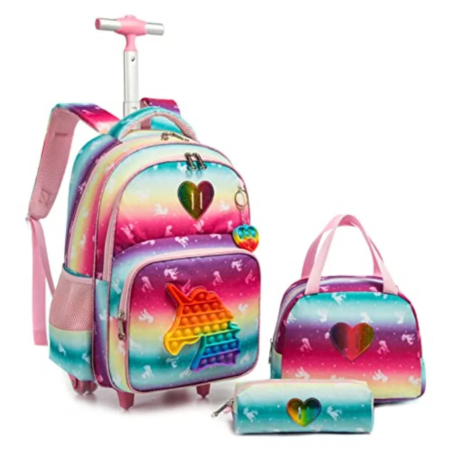 Unicorn Rolling Backpack with Wheels for Elementary Student Wheels Trolley Trip Luggage with Lunch Bag Pencil Case