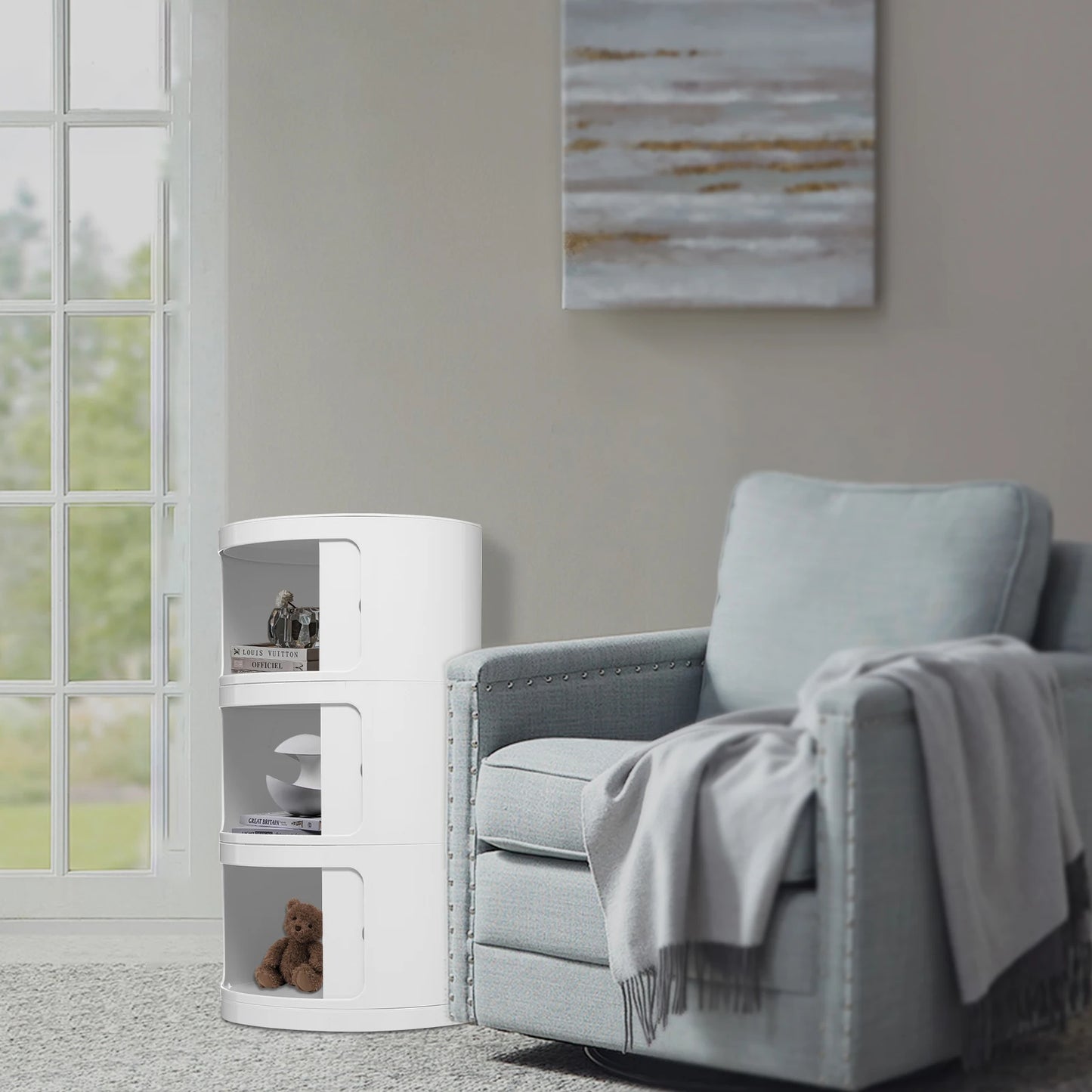 3 Layers Round Bedside Cabinet with 3 Drawers Cabinet with Storage