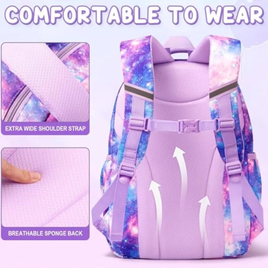 Backpack for School Girls 3Pcs Waterproof Girls Backpack with Lunch Box and Pencil Pouch - Lightweight Blue Bookbag for Ages 6+