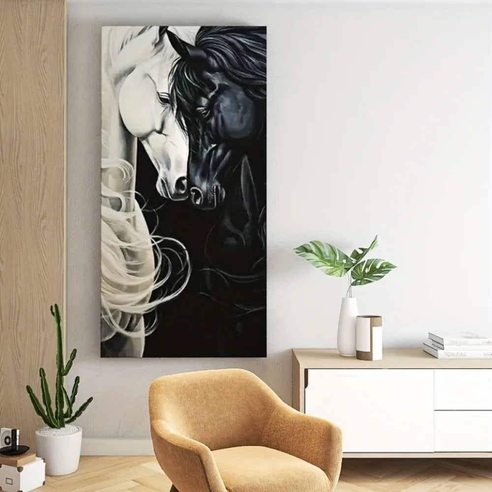 Modern abstract Black horse canvas wall art with 1.5 inch solid wood frame - stylish monochrome painting, minimalist decor