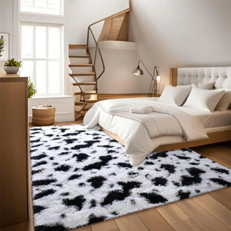 Fluffy Black White Rugs 6x9 Large Soft Plush Shaggy Cow Hide Girls Boys Rug Non-Slip and Machine Washable
