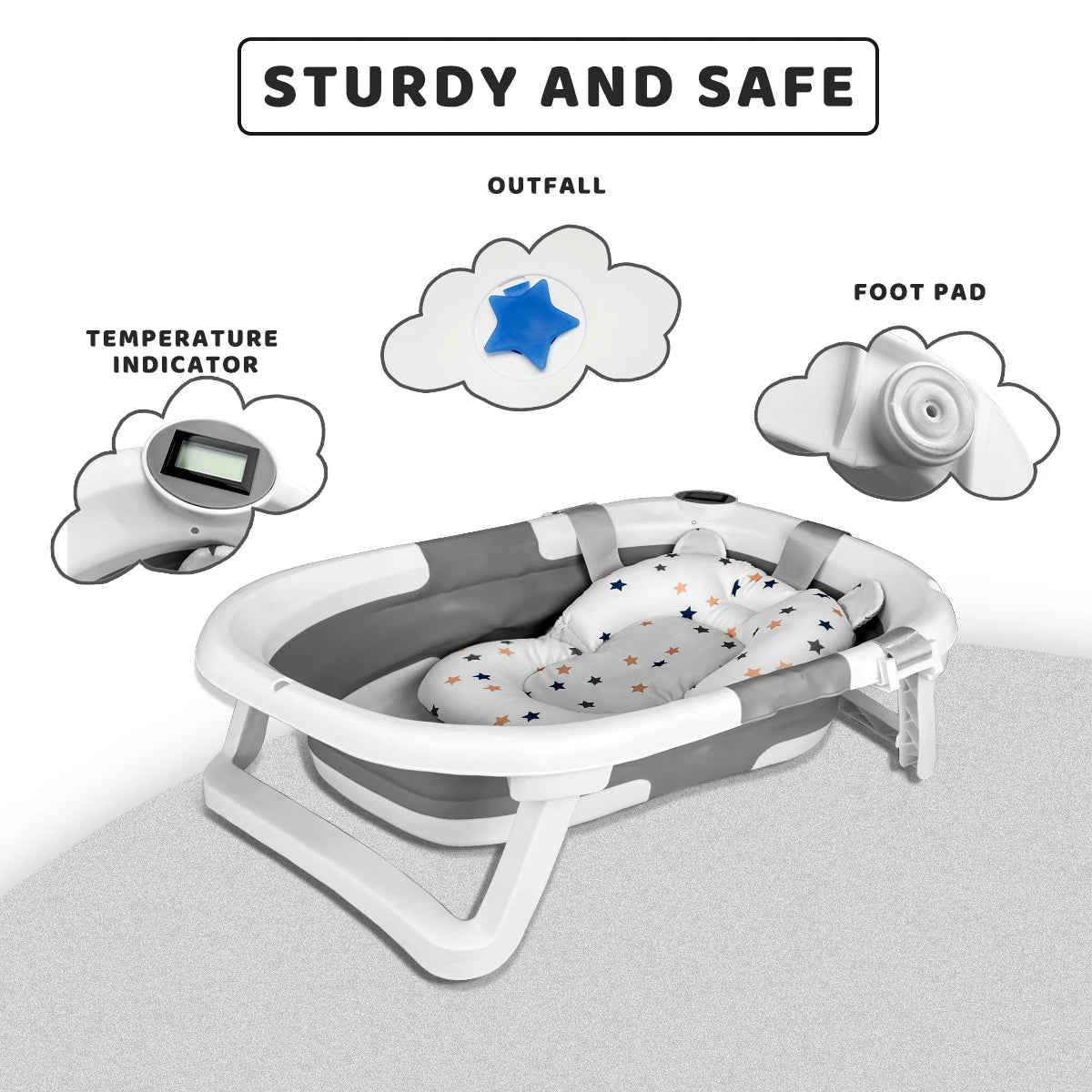 Foldable Baby Bathtub, Baby Bathtub With Soft Cushion And Thermometer, Portable Travel Baby Bathtub