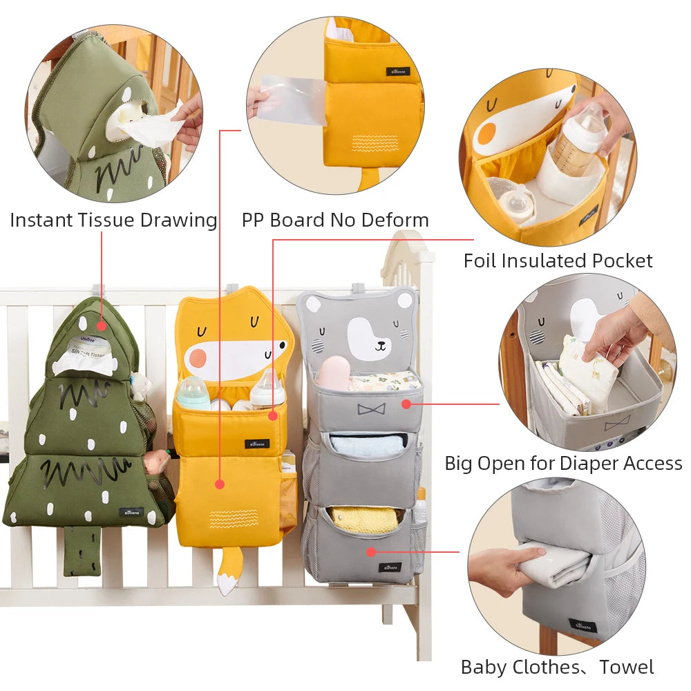 Sunveno Cartoon Baby Crib Hanging Storage Bag, Multi-functional Organizer for Baby Supplies