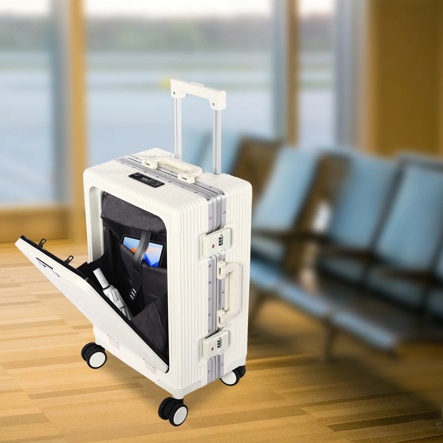 Bymaocar 20 Inch Carry On Luggage USB Charging Port Cup Holder Front Opening PC Hard Shell Suitcase for Airplane Travel