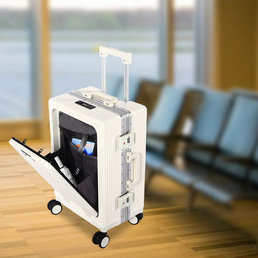 Bymaocar 20 Inch Carry On Luggage USB Charging Port Cup Holder Front Opening PC Hard Shell Suitcase for Airplane Travel
