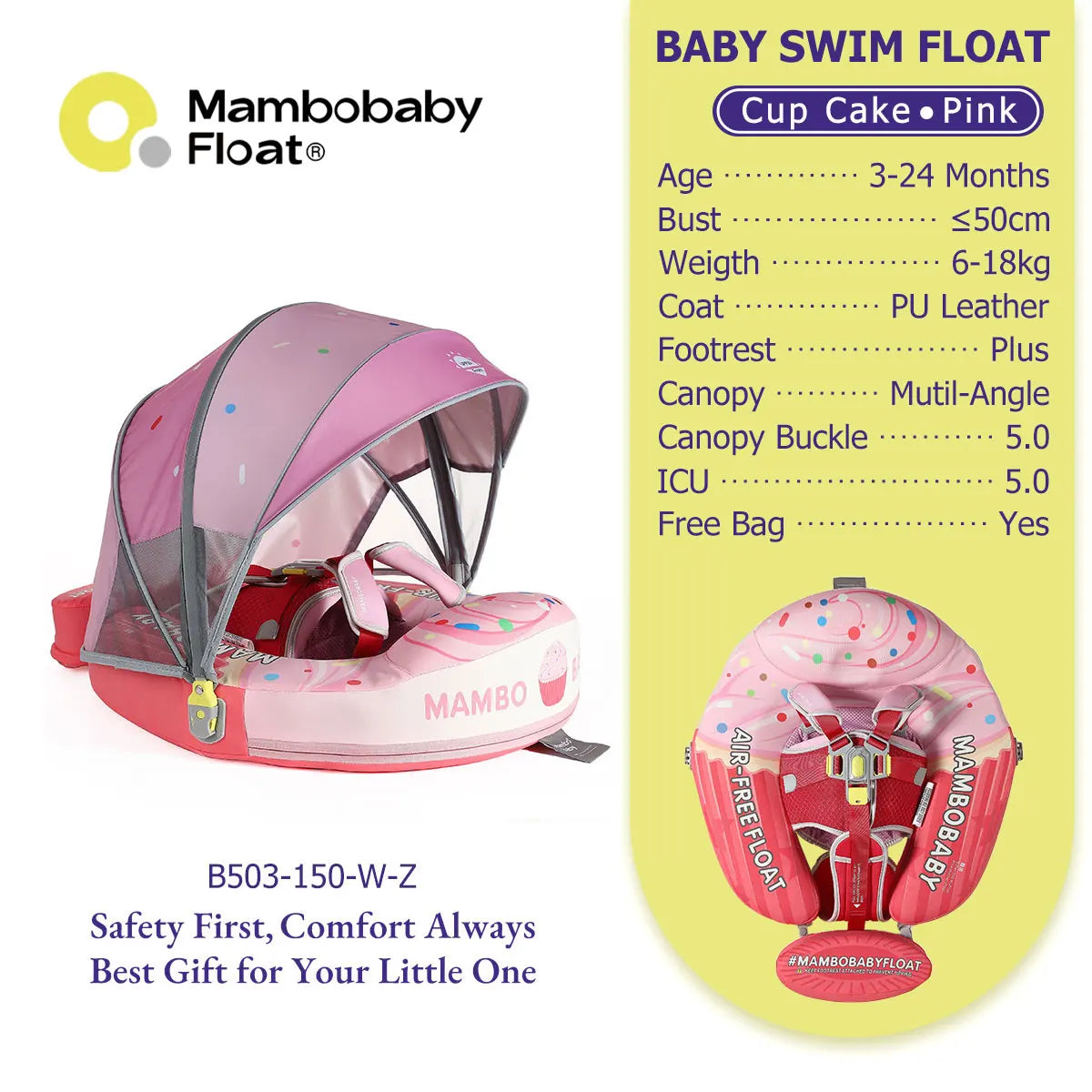 Mambobaby Float No-Slip Safe Harness ST-Cup Cake B503-150-W-Z  Safe Core No Inflation No Leaks Baby Swim Ring Toddler Pool Float