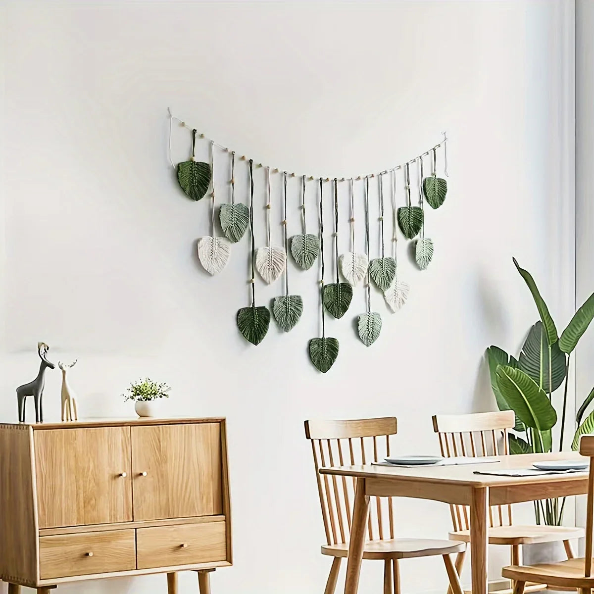 Modern Woven Wall Decor, Beautiful Room Decor, Green Leaves Hanging on The Walls, Bohemian Style, Feather