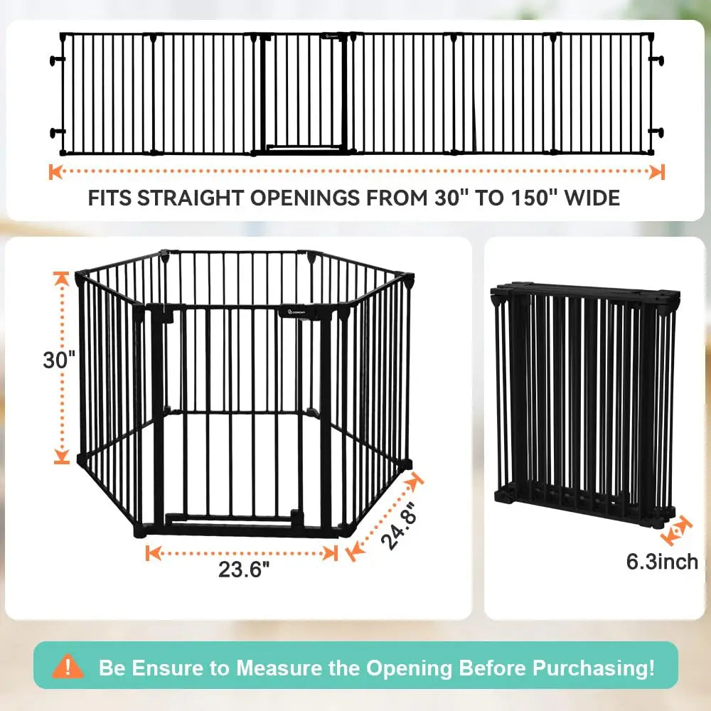 150" Wide Auto-Close Baby and Pet Gate with Door, 6 Panels for Indoor/Outdoor Safety, Black
