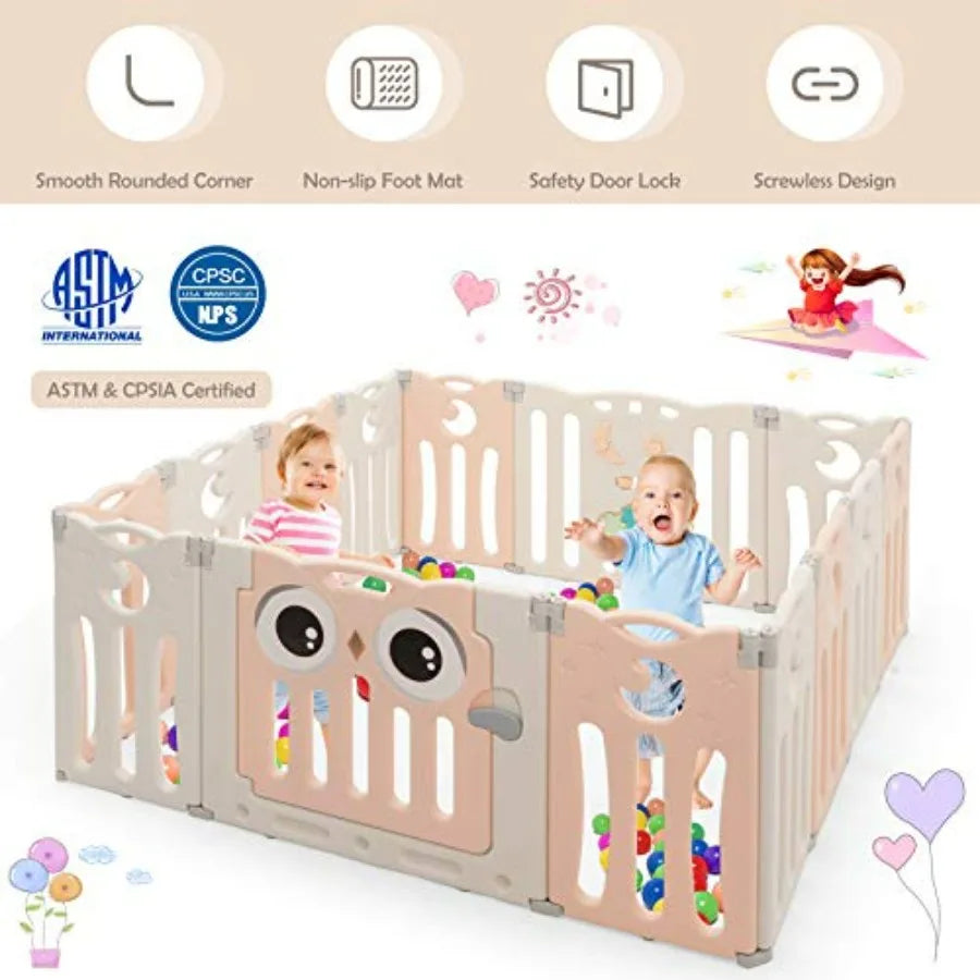 Baby Play Yard 14 Panel Owl Style Infant Playpen Activity Center for Toddlers Anti-Slip Base Lockable Door Indoor Portable Safe