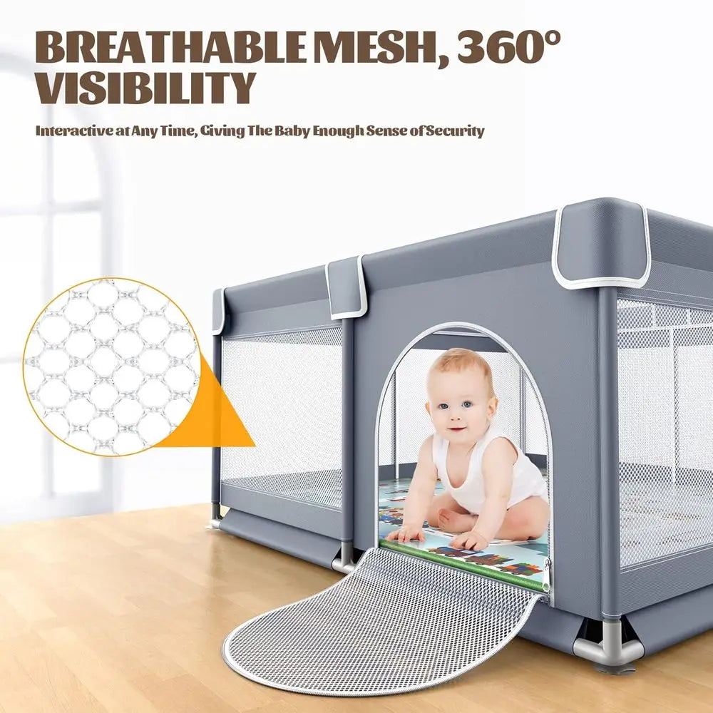 Gray 50x50 Baby & Toddler Playpen with Mat, Indoor/Outdoor Safety Play Yard, Activity Center
