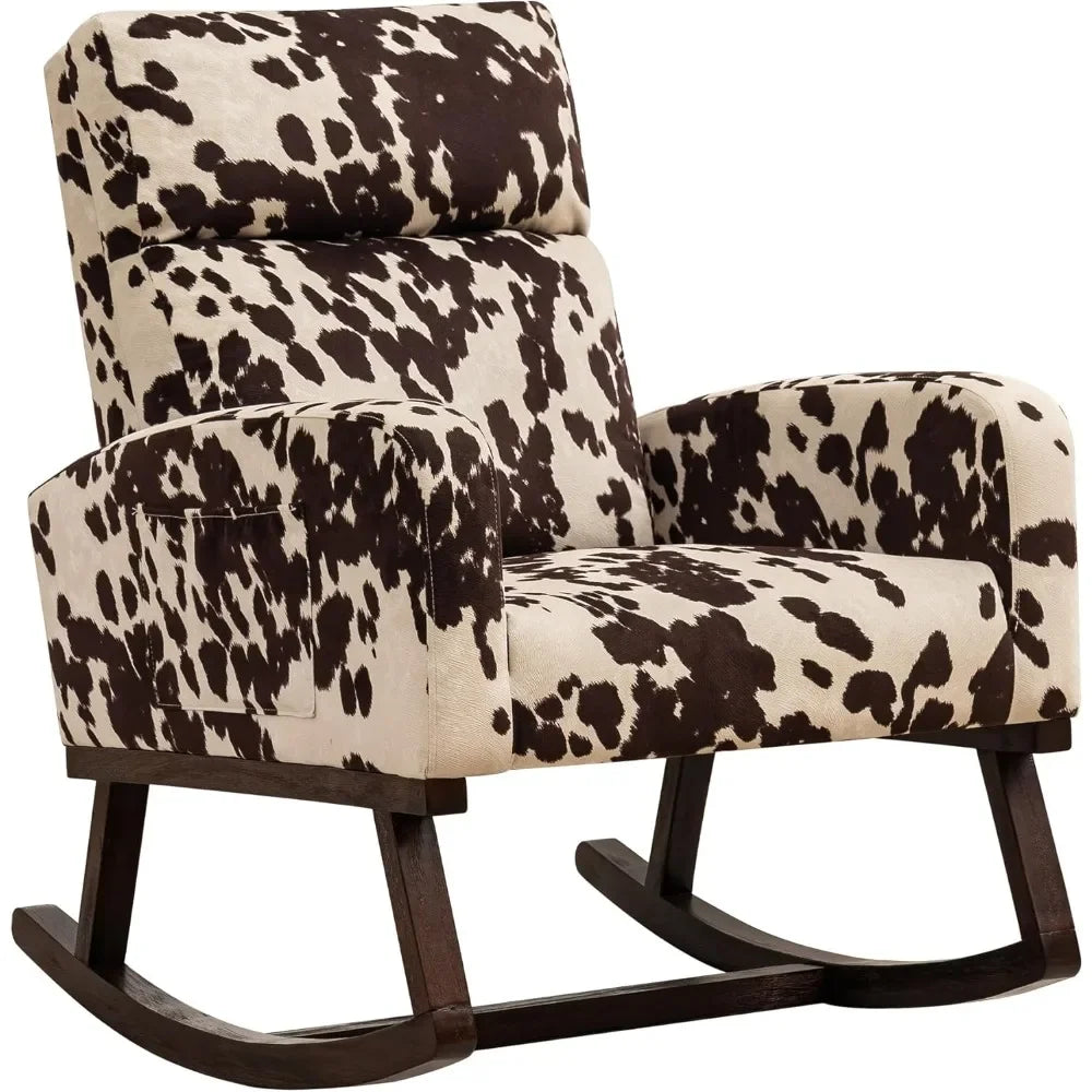 Nursery rocking chair, cow printed fabric gliding chair, high backrest side pockets, and extended wooden structure daycare chair