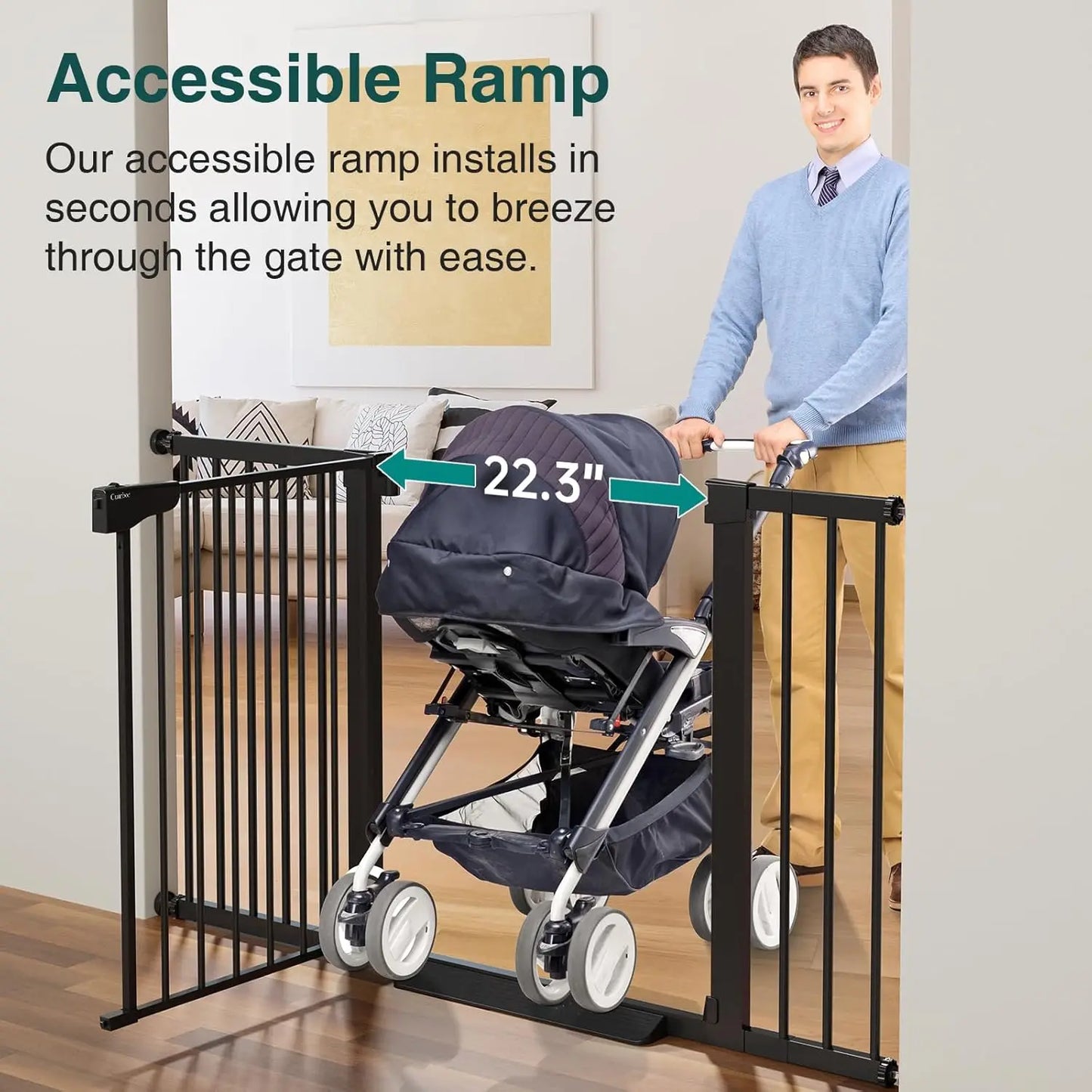 Wide Adjustable Baby Gate for Stairs and Doorways, Pressure Mounted No Drilling, Self Closing Safety Gate for Kids