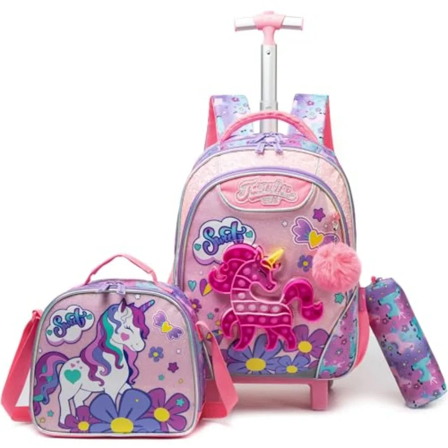 Unicorn Rolling Backpack with Wheels for Elementary Student Wheels Trolley Trip Luggage with Lunch Bag Pencil Case