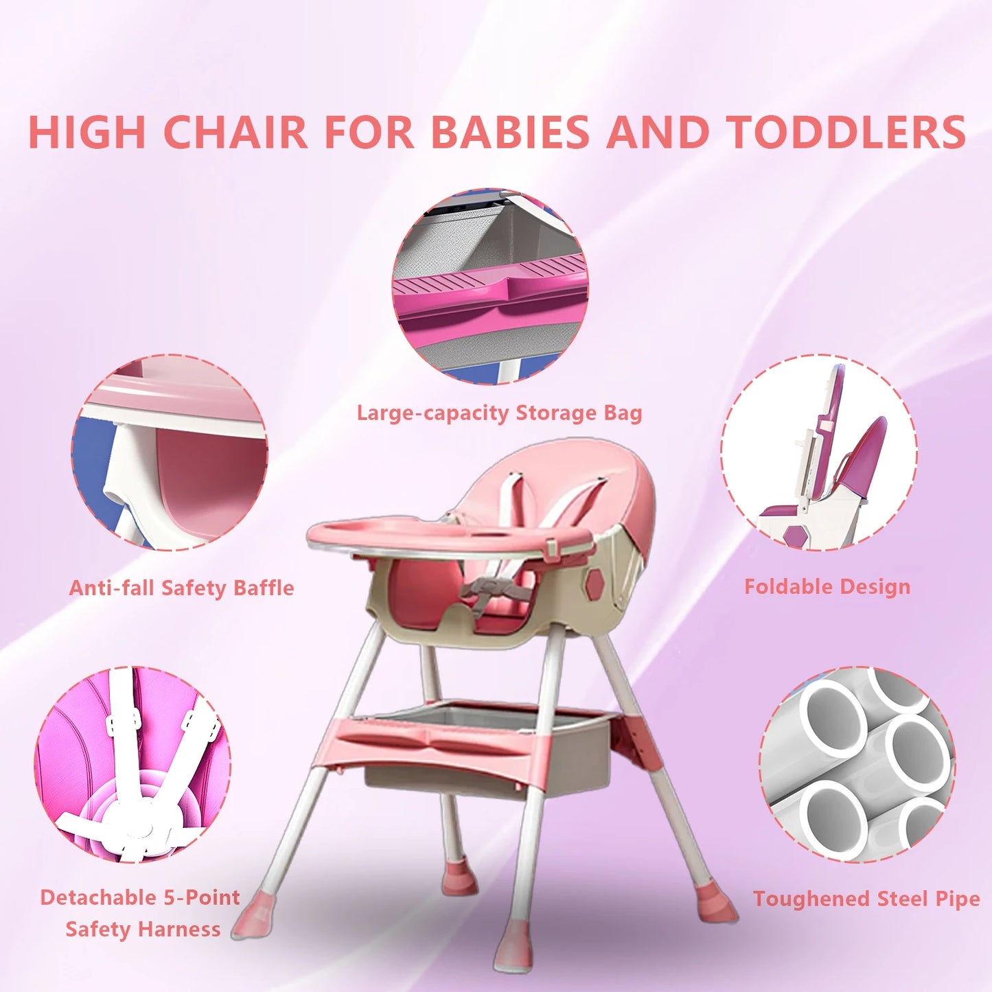 Baby Dining Chair Foldable Baby High Chair 6 Months Plus With Toyrack Easy To Clean Feeding With Brakeable Universal Wheel