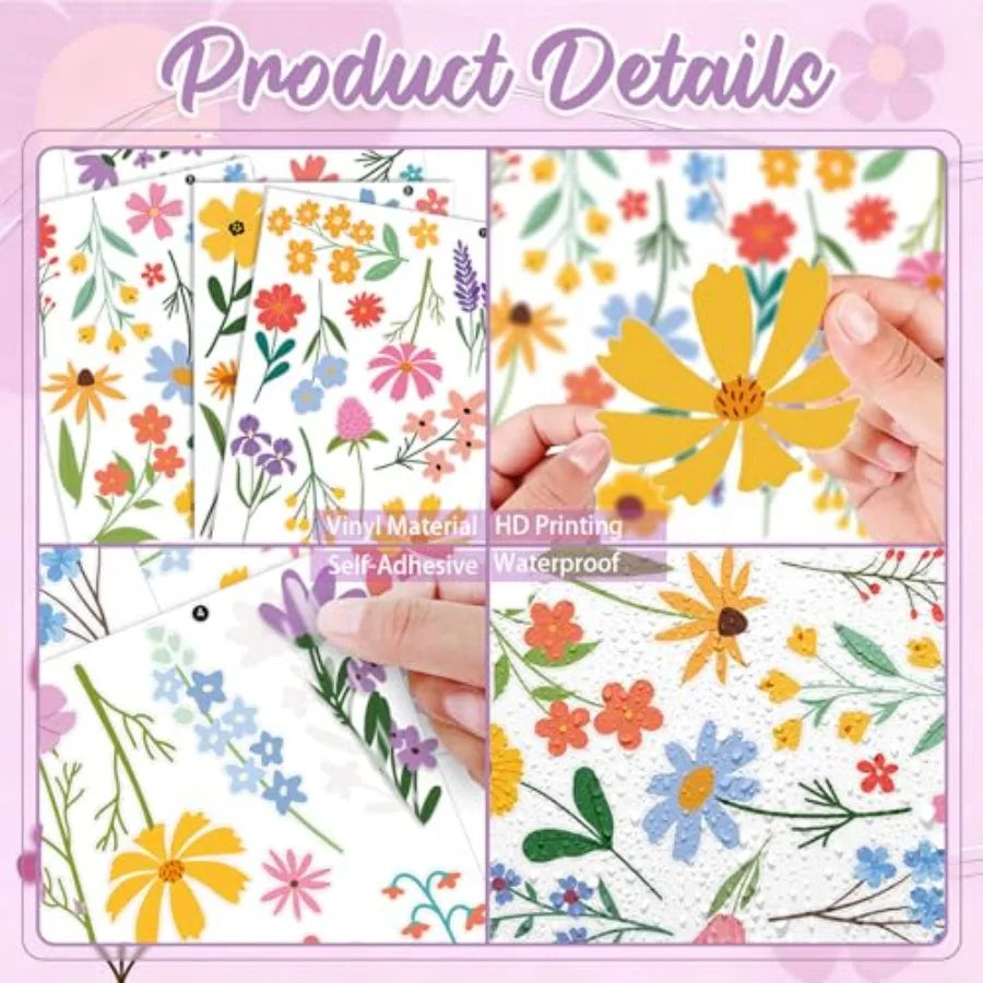 Spring Flower Wall Stickers 8 Sheets Wildflower Wall Decals Peel and Stick Floral Wall Decor for Girls Bedroom Nursery Spring