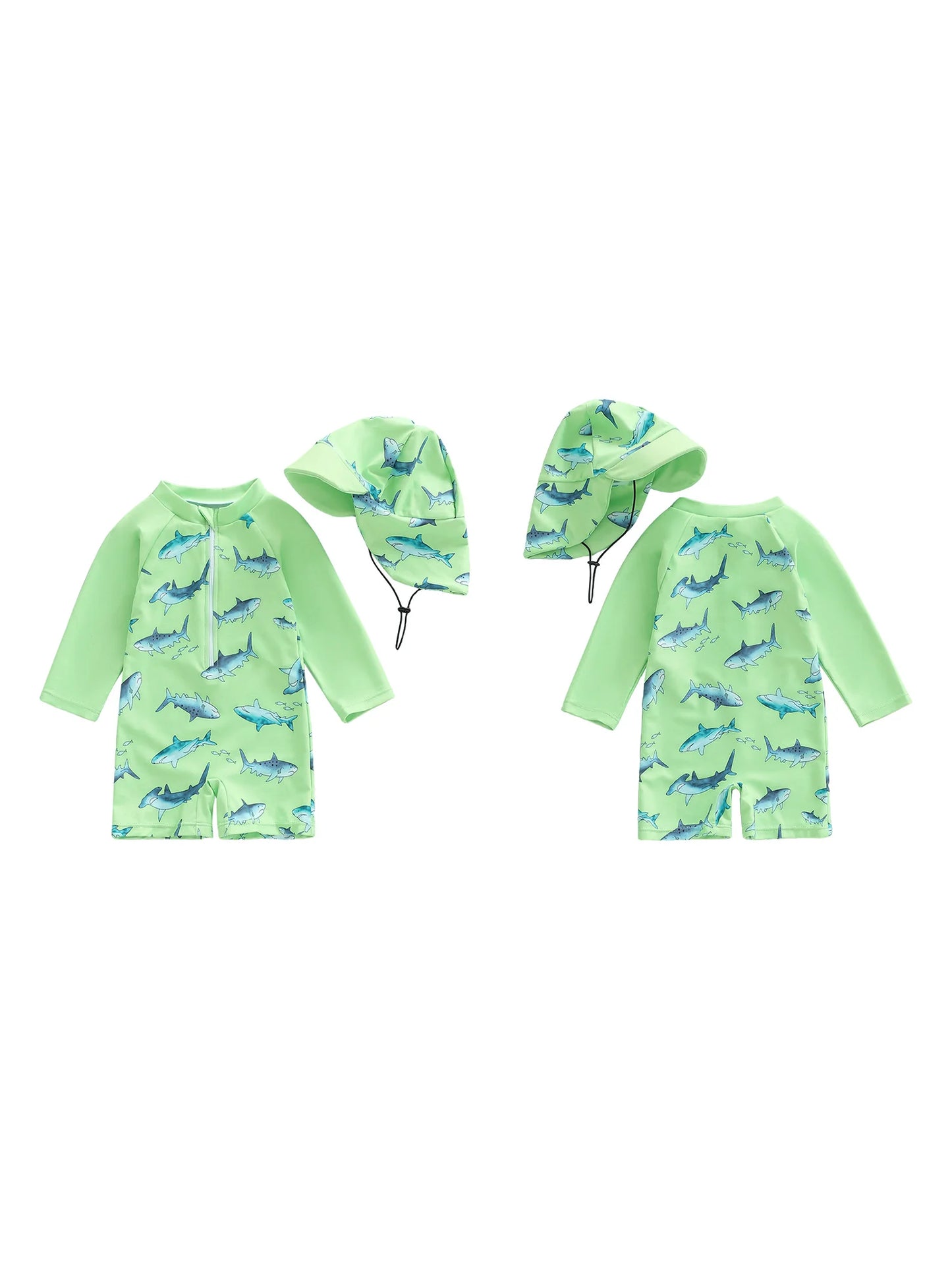 Baby Boys  Rash Guard Swimsuit with Shark Print and Zipper Closure Long Sleeve Bathing Suit with Matching Swim Cap