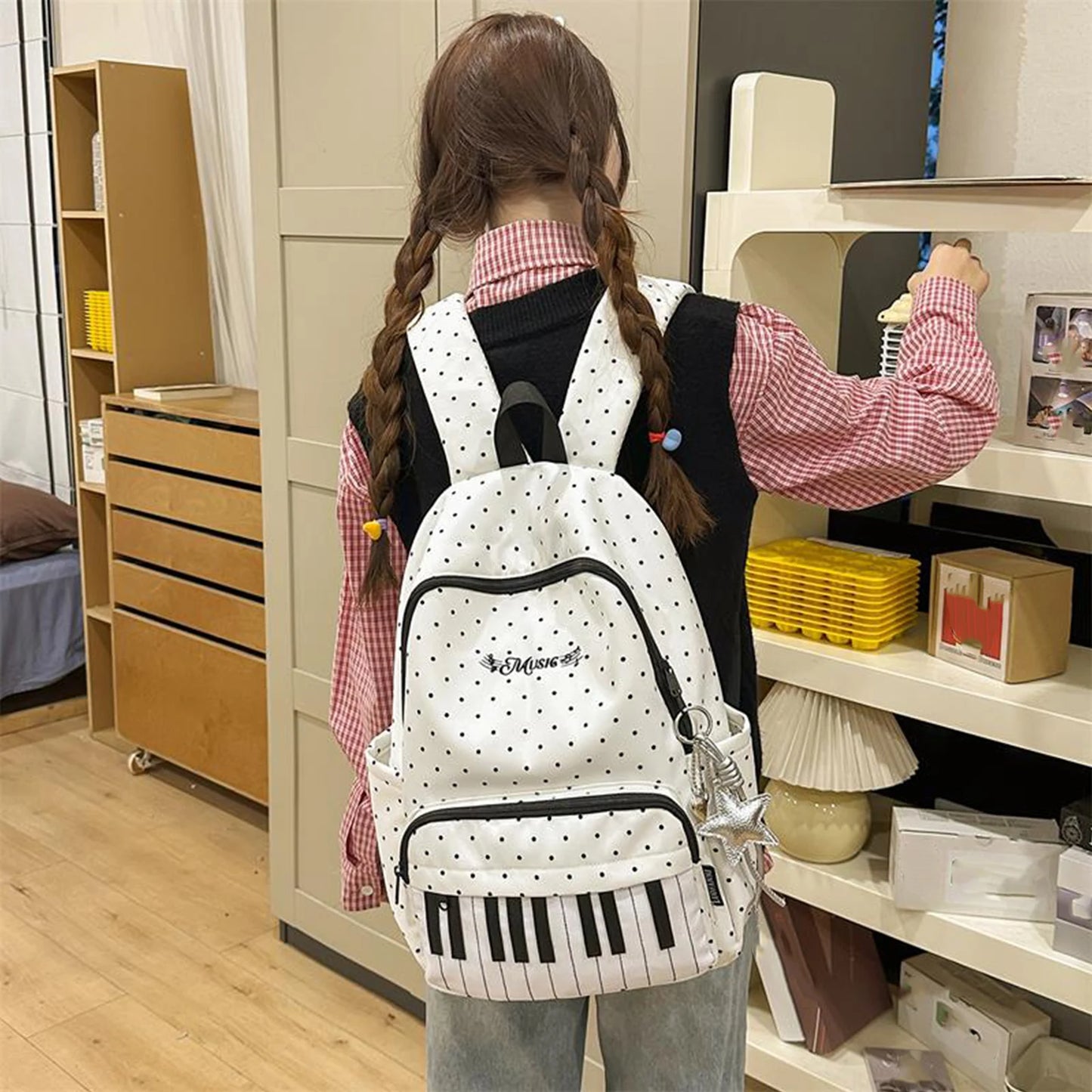 Nylon Polka Dot Piano Key Backpack 16.9 Inch with Pendant Travel Daypacks for Teen Girls Travel Shopping Daily Use