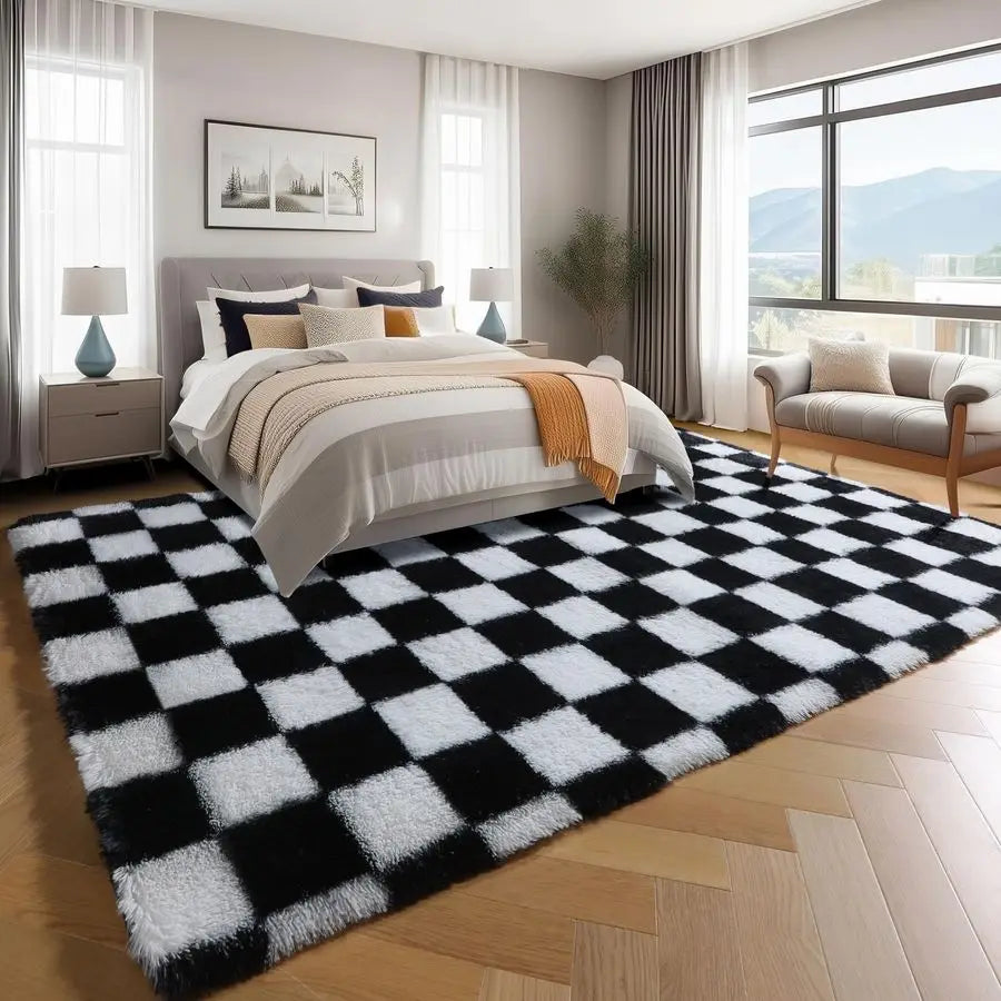 Area Rug Black and White Fluffy Shag Soft Checkered