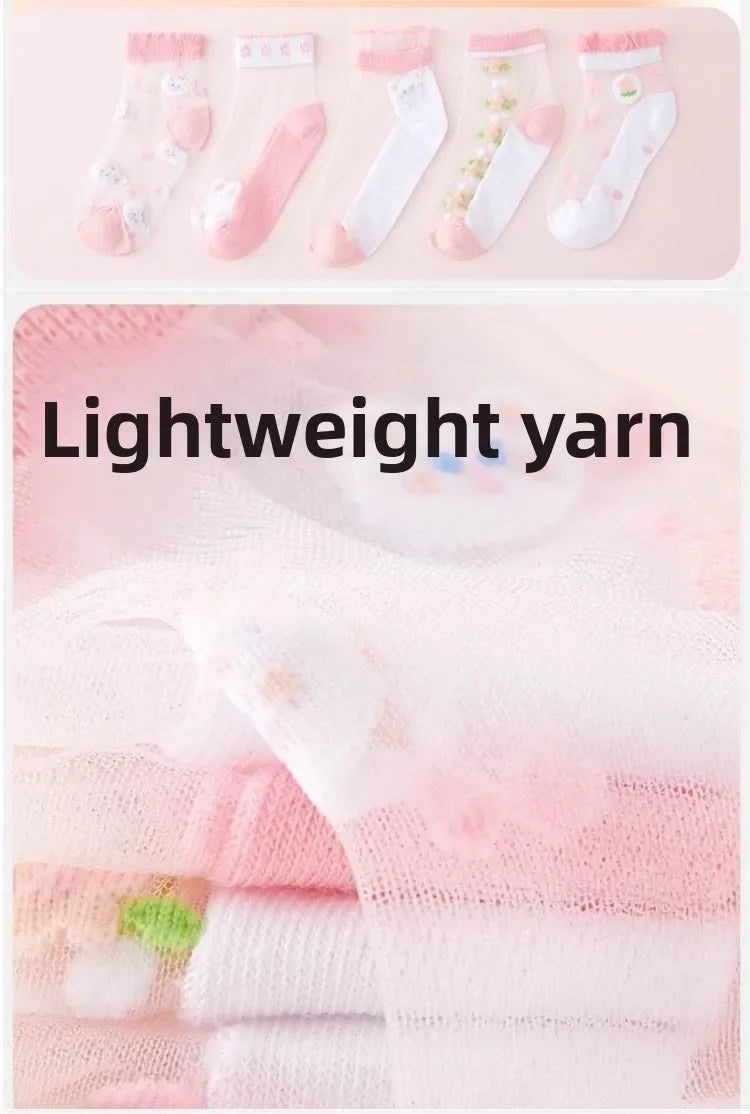 5 Pairs/Baby Girl Summer Socks Thin Ice Silk Mesh Crystal Breathable Cotton Short Mid Calf Boat Socks for Kids