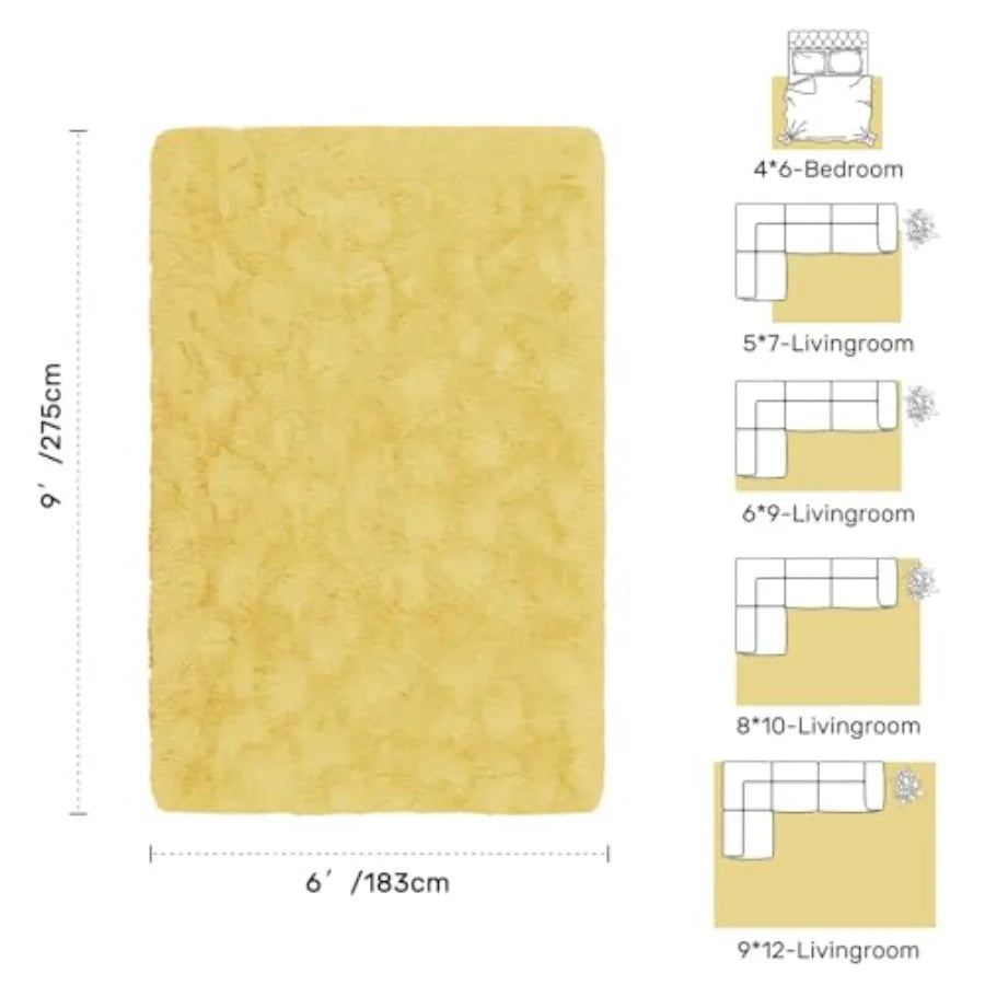 6x9 Yellow Shag Area Rug for Living Room Decor: Fluffy Plush Carpet with Non-Slip Backing Ideal for Bedroom Nursery Playroom
