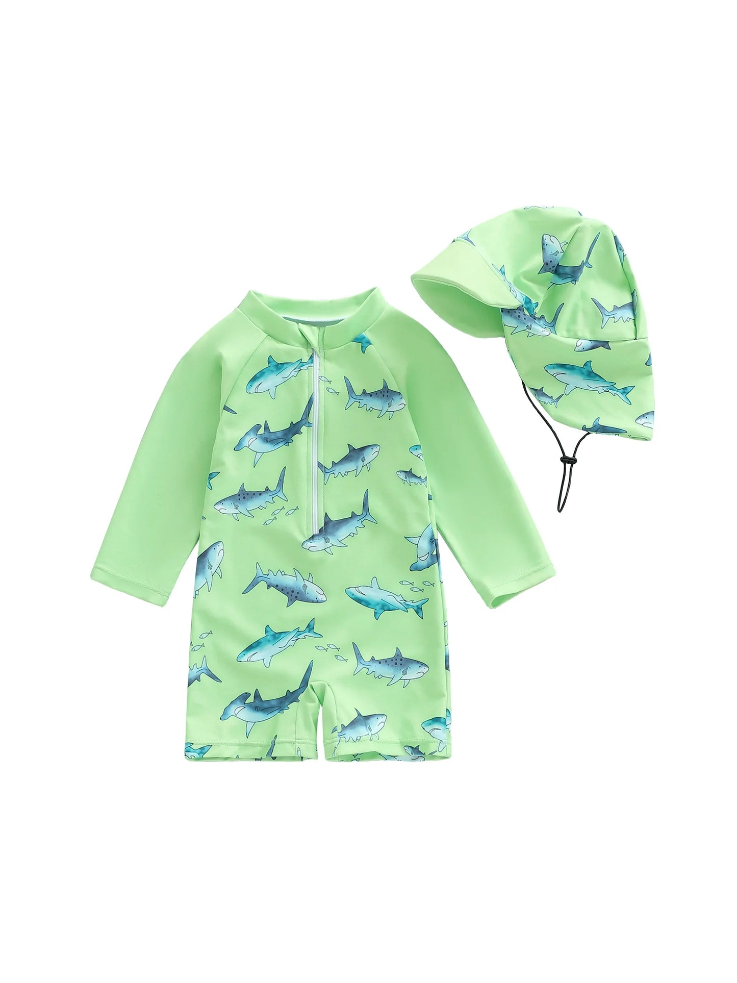 Baby Boys  Rash Guard Swimsuit with Shark Print and Zipper Closure Long Sleeve Bathing Suit with Matching Swim Cap