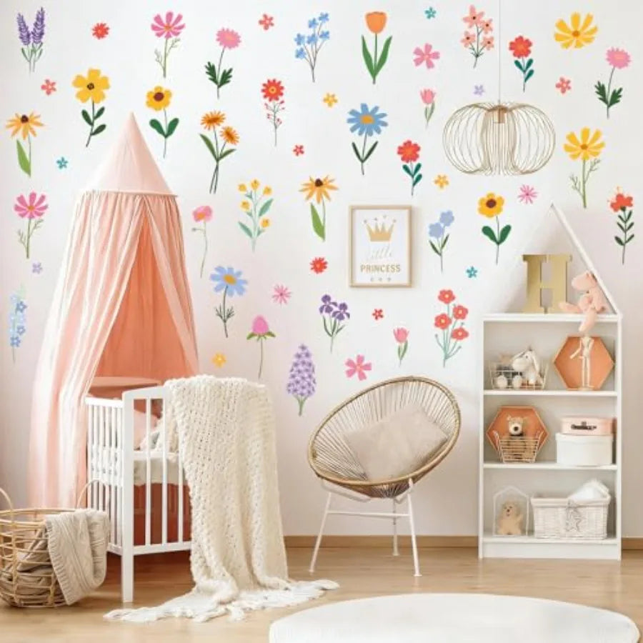 Spring Flower Wall Stickers 8 Sheets Wildflower Wall Decals Peel and Stick Floral Wall Decor for Girls Bedroom Nursery Spring