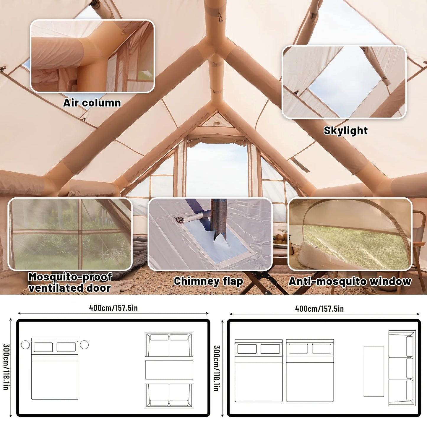 PAKICETUS Large Inflatable Camping Tent with Skylight, Quick Air-Flow & Breathable Mesh Design, Summer Glamping Hot Tents