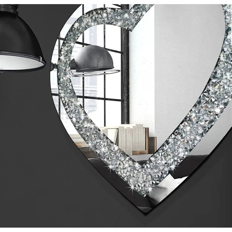 Crystal Crush Diamond Heart Shaped Silver Mirror for Wall Decoration