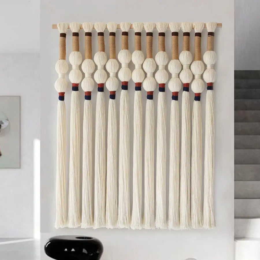 Macrame Wall Hanging Boho Wall Art Handmade Spherical Knot Design with Tassel Fringe, Boho Decor