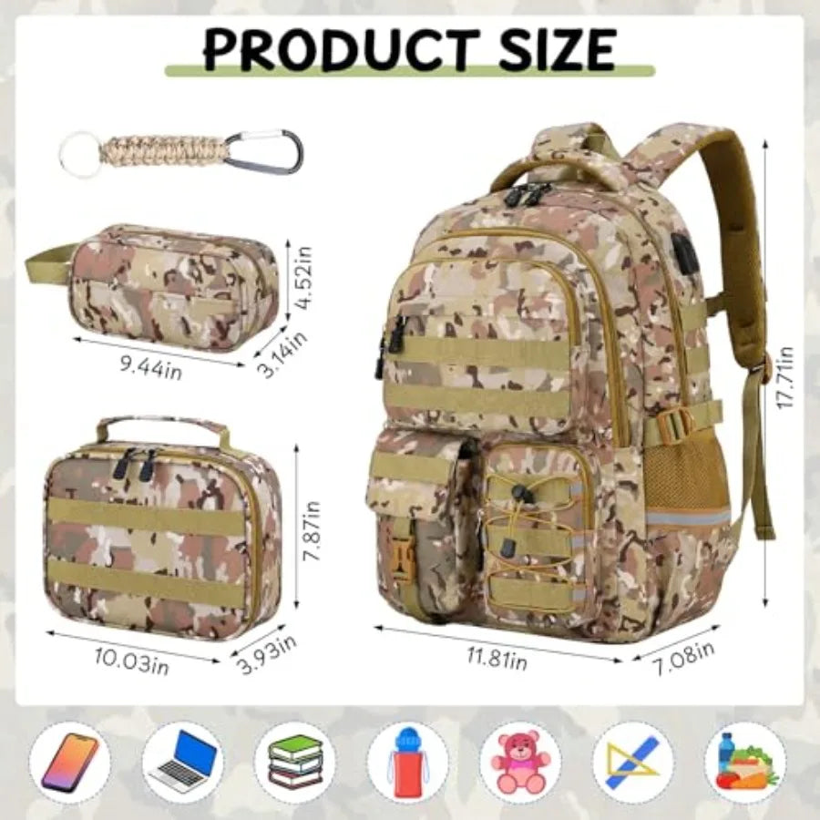 School Backpack for Boys - 4pcs Camo Boys Backpack with Lunch Box Set for Teens Elementary Middle High School - 18" Camouflag