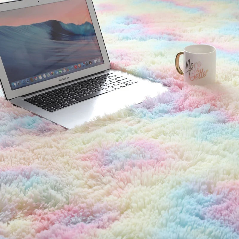 Fluffy Bedroom Rug Carpet Rugs for Bedroom Soft Long Plush Rug Tie-Dye Rainbow Area Rugs for Living Room Cute Room Decorations
