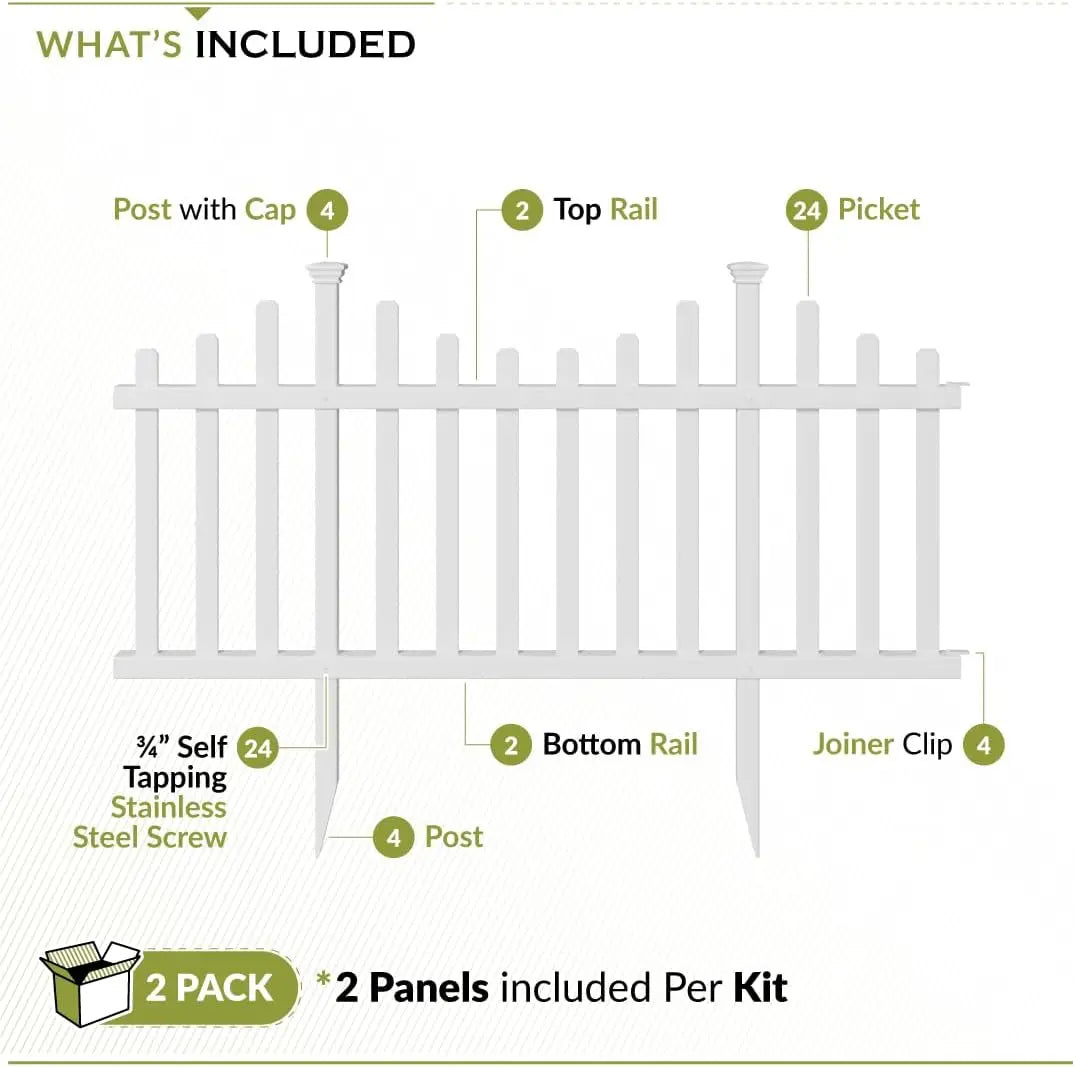 Easy Install No Dig Fence Kit - 2 Panels White Vinyl Garden Border for Yard, Dog Playpen & Child Safety