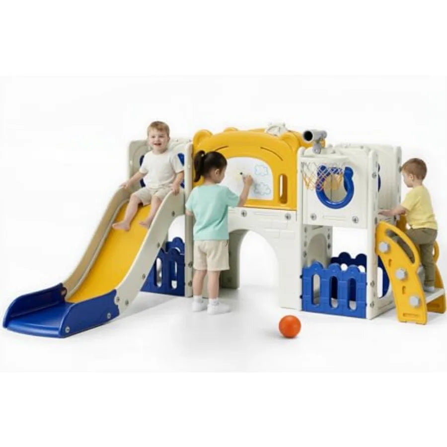 10-in-1 Large Toddler Slide Set Slide Climber Playset with Drawing Board Basketball Hoop Sturdy Baby Playground Indoor Outdoor