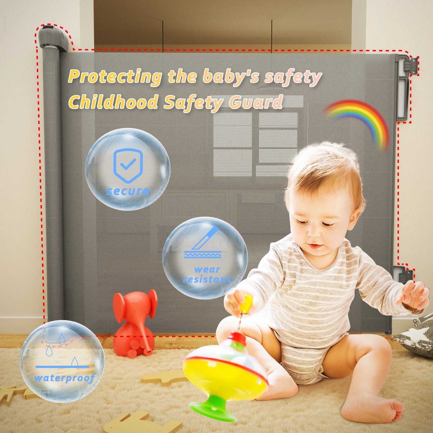 Extra Wide Kids Pets Gate Retractable Dog Gate for Babies, White Child Baby Gates, One Handed Operation Mesh Safety