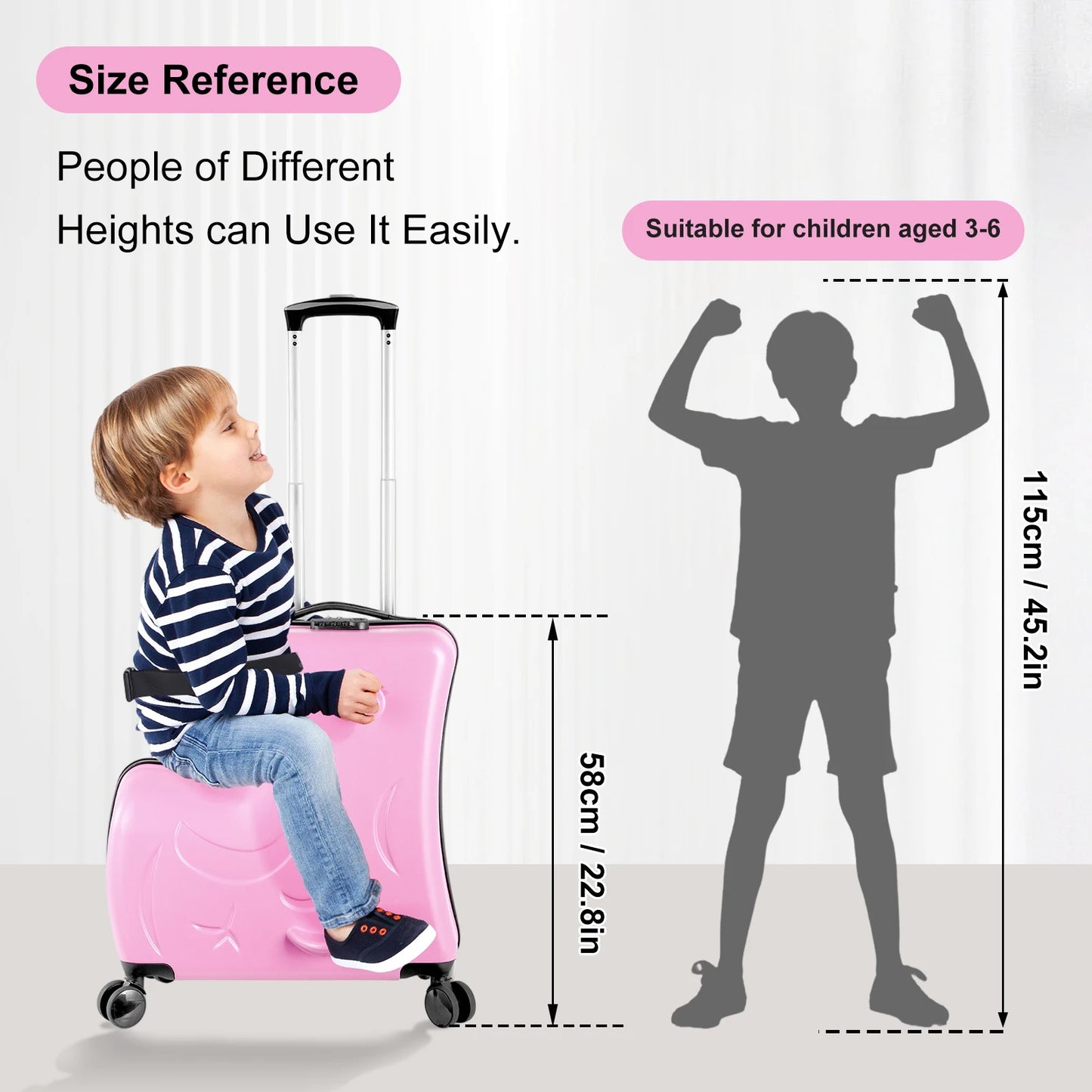 Kids Ride on Luggage, Toddler Luggage Seat Ride on, Kids Travel Suitcase with Safety Belt, Scooter Suitcase for Kids Ages 6-12